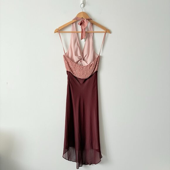 BCBGMaxAzria 100% Silk Beaded Halted Midi Dress Burgundy Pink Size 0 - Picture 4 of 6